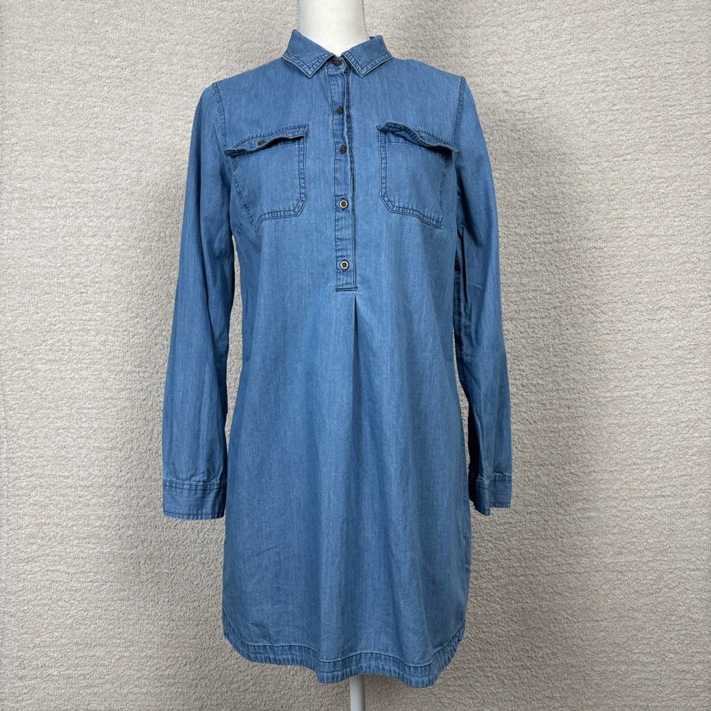 Old Navy Dress Women Med Blue Chambray Shirt Dress Long Sleeve Collared Pop Over